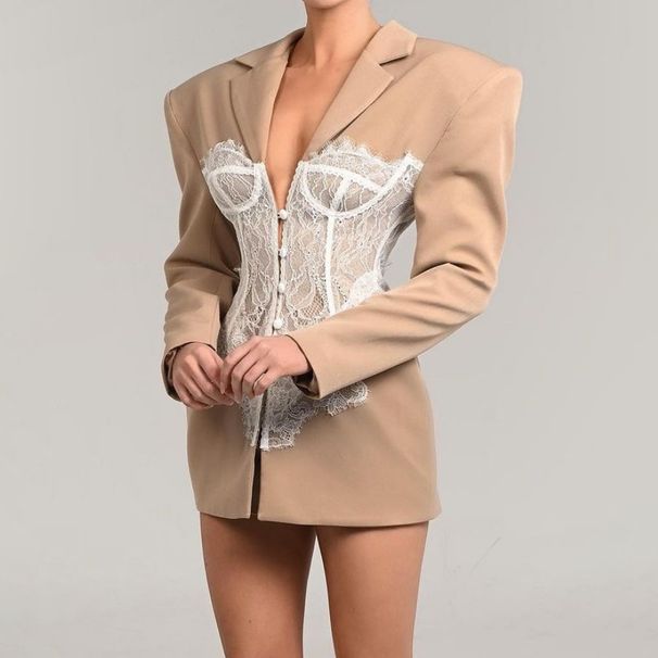 Women's Clothing temperament lace splicing new women's slim waist long sleeve long coat_ecoleips.com