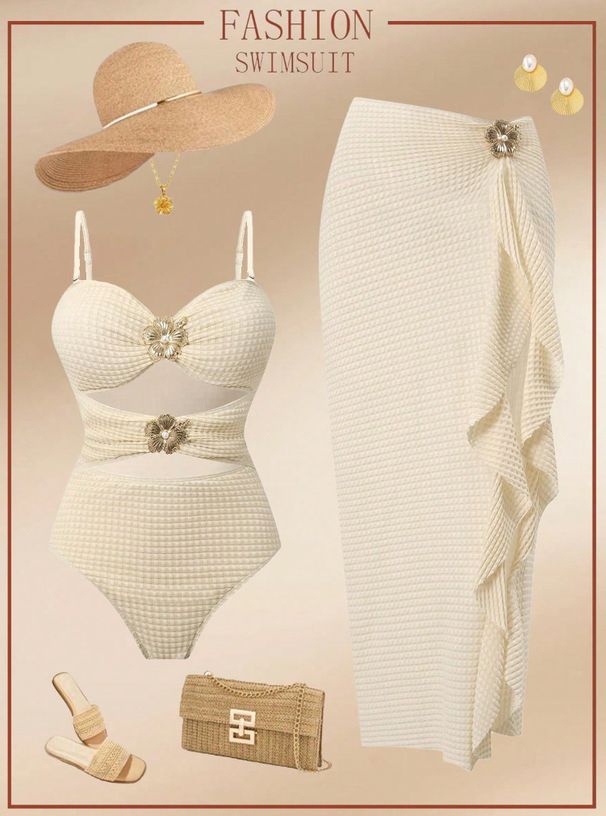 Women's Floral Print One Piece Swimsuit with Wrap Skirt Sexy Elegant Beachwear Set_ecoleips.com
