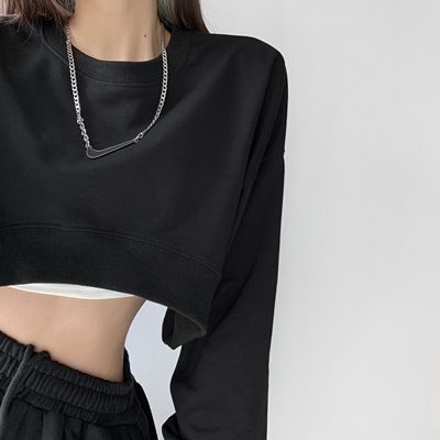 Women's Cropped Sweatshirt - Oversized Long Sleeve Pullover, Casual Streetwear Top With Crew Neck & Ribbed Hem (White/Black/Sky Blue/Gray, M-2xl)_ecoleips.com