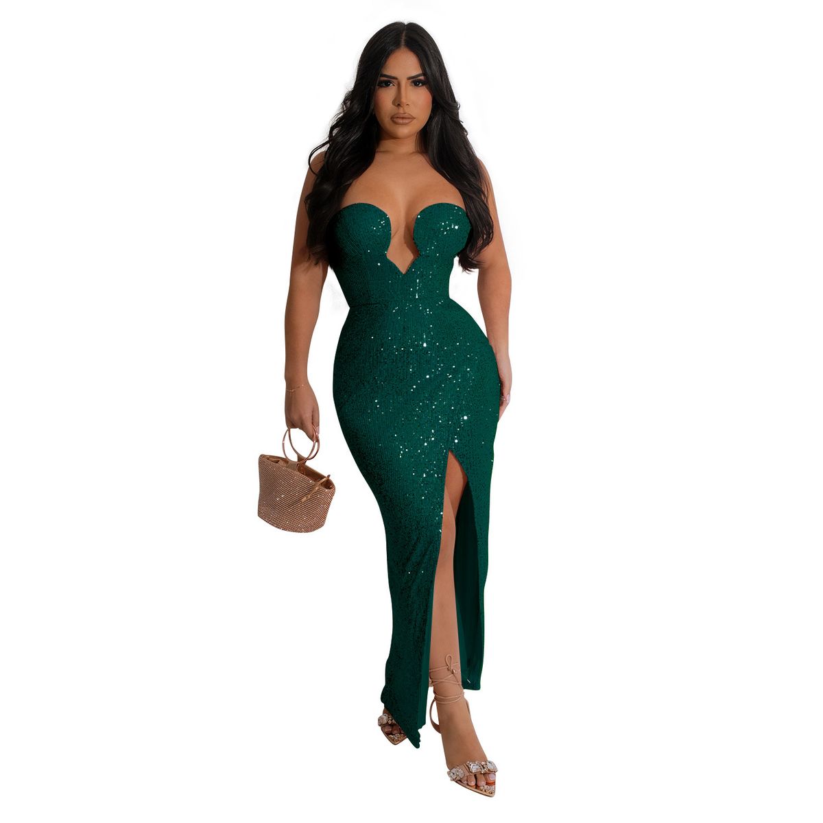 Women's solid color sexy sequined backless long skirt dress_ecoleips.com
