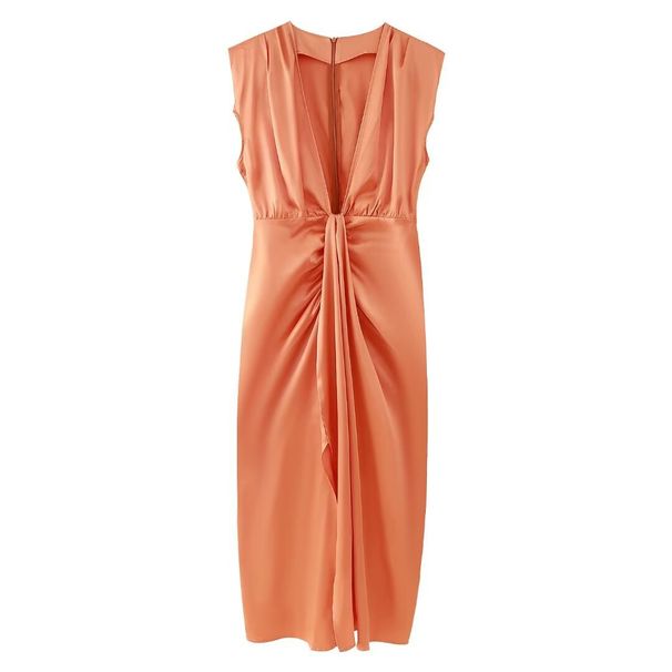 K European And American Women's V-neck Pleated Sleeveless Dress_ecoleips.com