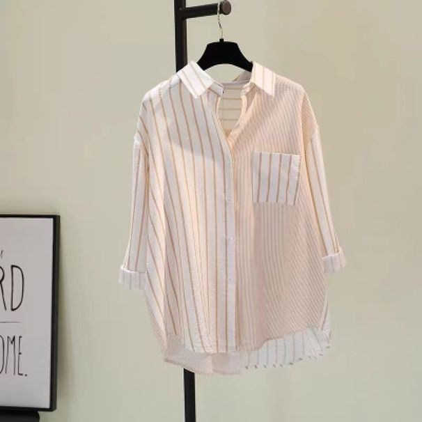 Women's Clothing Single Pocket Color Matching Vertical Striped Shirt Women Literary Loose Casual Shirt_ecoleips.com