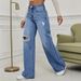 Cross-border Magic Knit Wide-Leg Straight Hot-Selling High-Waisted Floor-Length Pants Ripped Jeans For Women, Light Blue_ecoleips.com