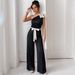 Women's Clothing Ribbon Black And White Contrast Bow Decoration One Shoulder Dress Straight Jumpsuit Trousers_ecoleips.com