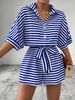 Women's Clothing Spring And Summer Striped Lapel Cardigan Button Mid Sleeve Belt Shorts Suit Jumpsuit_ecoleips.com