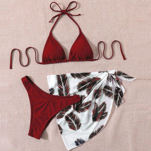 Women’s Clothing New Halter Neck Tie Mesh Skirt Swimsuit Women Three piece Beach Bikini Swimsuit_ecoleips.com