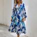 Bohemian Style European American New Spring And Autumn Deep V-neck Printed High-waisted Casual Long-sleeved Midi Dress_ecoleips.com
