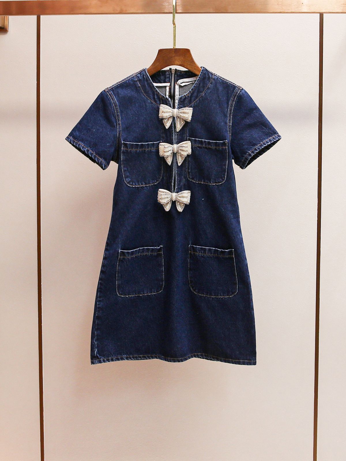 SP Home Women's Denim Dress - Short Sleeve Round Neck With Bow & Pocket, Spring Summer Casual Dress_ecoleips.com