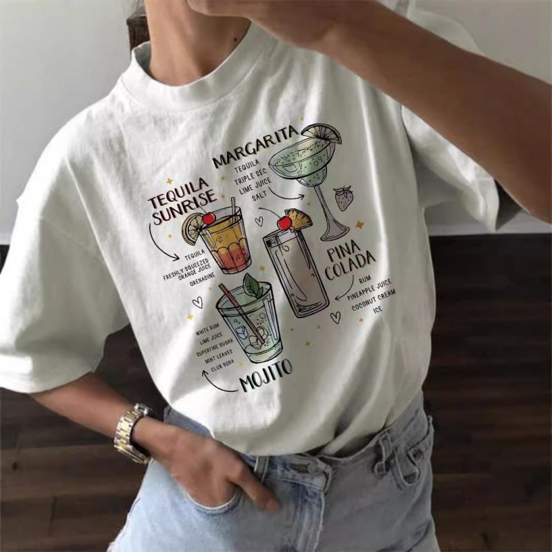 Summer Women's Fashion T-Shirt Short Sleeve round Neck Loose Fit Versatile New Style Cocktail Glass Design_ecoleips.com