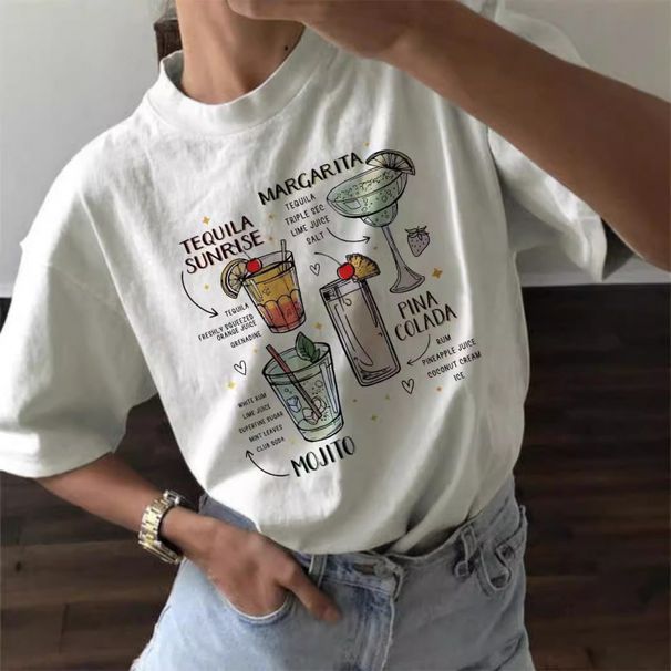 Cocktail Personality Wine Glass Short Sleeve Loose Round Neck Versatile New T-Shirt Top Summer Women's Fashion_ecoleips.com