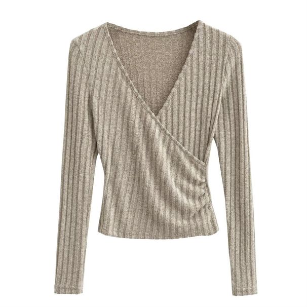Women's Clothing Autumn And Winter New Retro Cross V Neck Waist Slim Top Long Sleeve Short Navel T Shirt_ecoleips.com