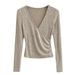 Women's Clothing Autumn And Winter New Retro Cross V Neck Waist Slim Top Long Sleeve Short Navel T Shirt_ecoleips.com
