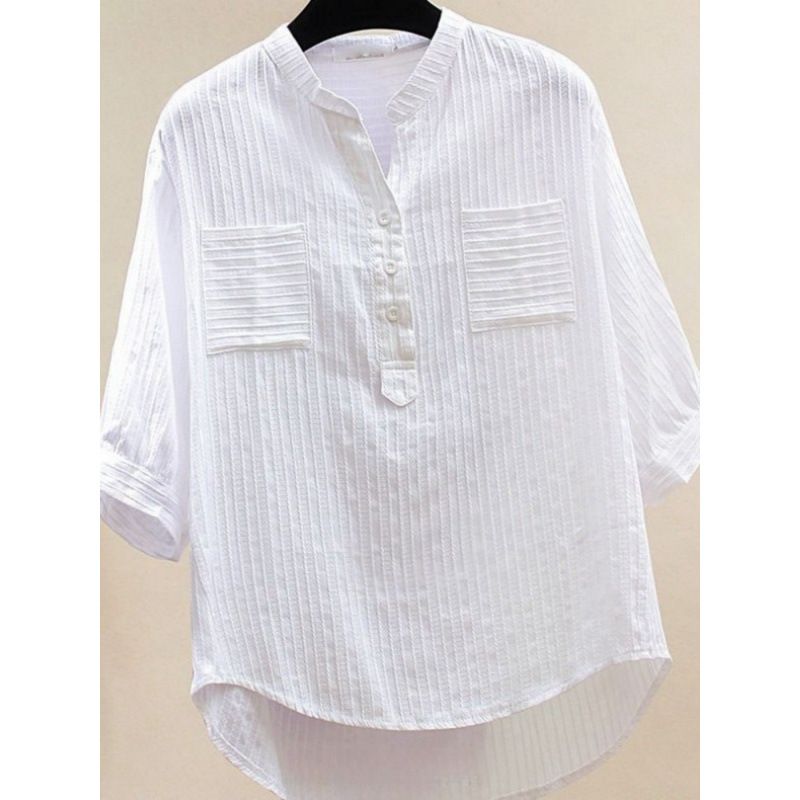 European And American Large-size Women's White Shirt With Seven-quarter Sleeves, Loose And Casual Design V-neck Shirt, Round Neck._ecoleips.com