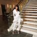 New Solid Color Fashion Fur Collar Trendy Lace Up Top Tight Stretch Trousers Suit_ecoleips.com