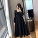 Little Black Dress Women's Spring And Autumn New Retro V-neck Long Over The Knee Black Temperament Dress Long_ecoleips.com