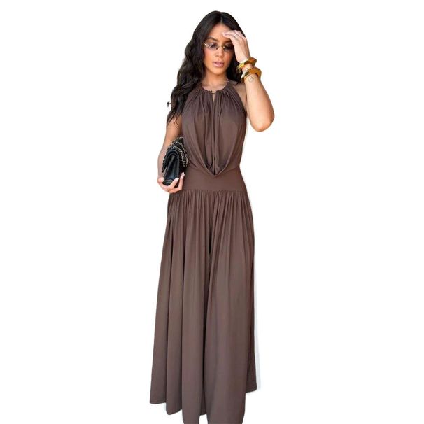 Women's Clothing Elegant Halter Neck V Neck Pleated Wide Leg Two Piece Set Style Women's Fashion Long Sleeve For Formal & Casual_ecoleips.com