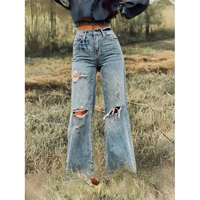 ripped Straight Jeans Standard Women's Casual Street Style Washed Denim_ecoleips.com