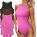 Women's Ribbed High Neck Sleeveless Bodysuit Swimwear - Solid Color Slim Fit One-Piece With Triangle Panty_ecoleips.com