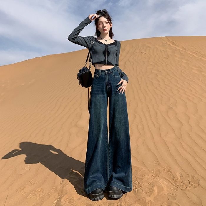 Retro Straight Jeans For Women, Spring And Autumn 2024 Popular Style, Versatile, Slimming, Drapey Wide-leg Floor-length_ecoleips.com
