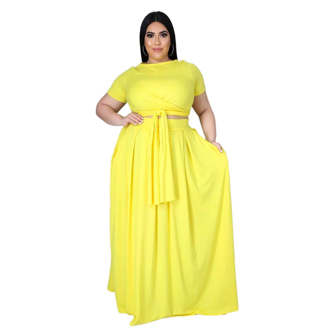 AP7025 plus Size Women's Two Piece Set European American Fashion Solid Color Cross Strap Swing Skirt for plus Size Women_ecoleips.com
