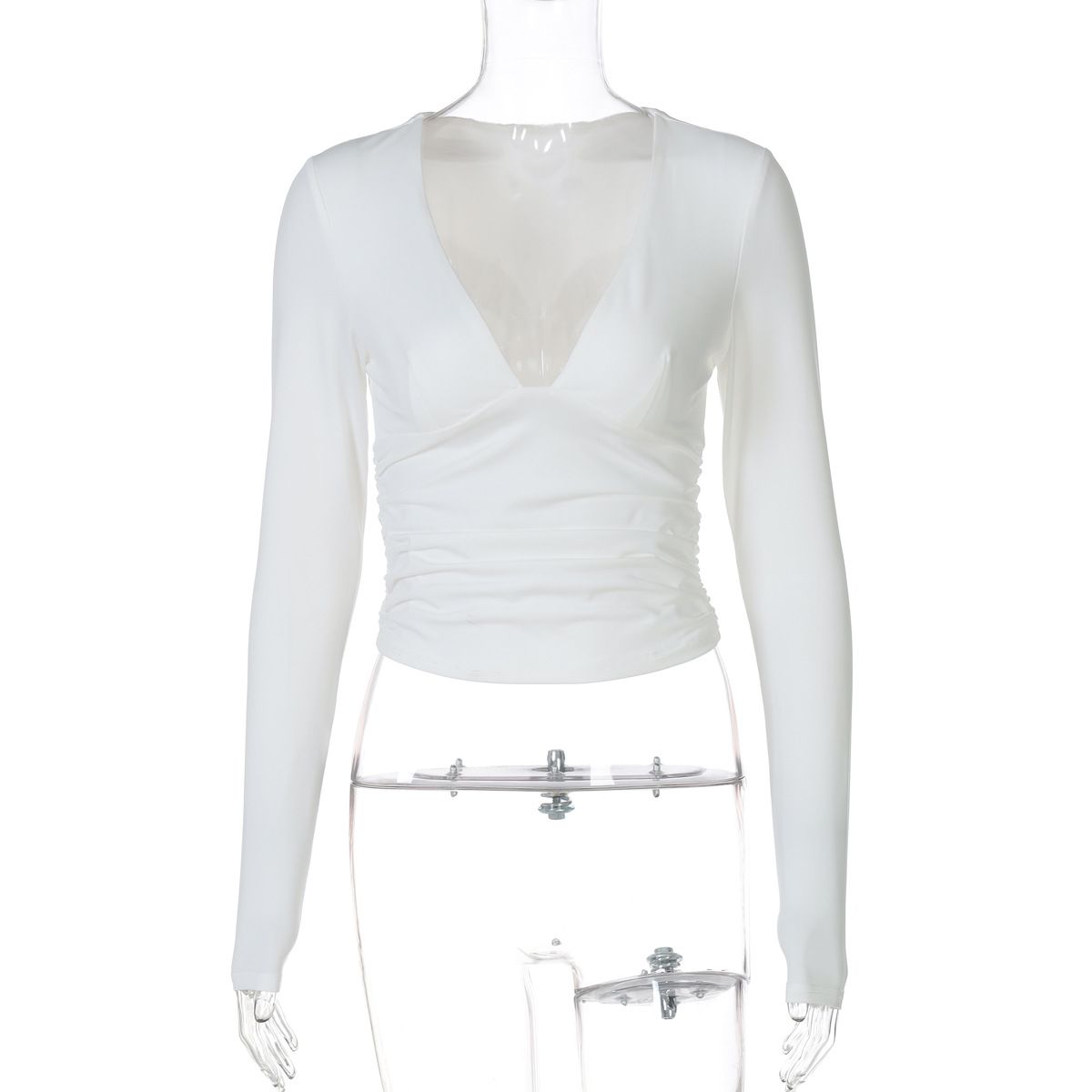 Women's Slimming Long Sleeve T-Shirt V Neck Solid Color European American Style Fashion Street Style Sexy Hot Girl Pleated Waist_ecoleips.com