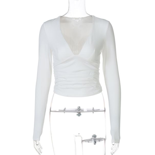 Women's Slimming Long Sleeve T-Shirt V Neck Solid Color European American Style Fashion Street Style Sexy Hot Girl Pleated Waist_ecoleips.com