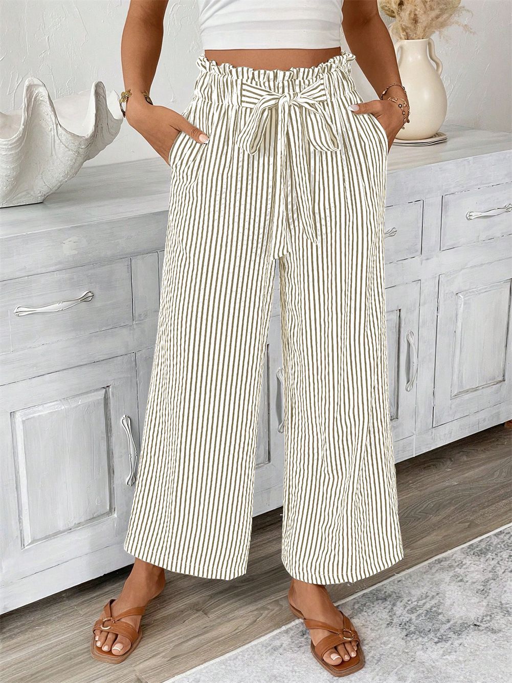 Women's Stripe Print Straight Leg Trousers, Mid-Rise Pleated Wide Leg Pants With Tie Waist, Elegant Casual Palazzo Pants For Office & Daily Wear_ecoleips.com