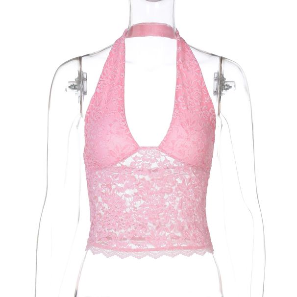 European And American Women's Clothing 2026 Spring New Style Sexy Hollow Lace Slim-fit Camisole Versatile Halter Neck_ecoleips.com