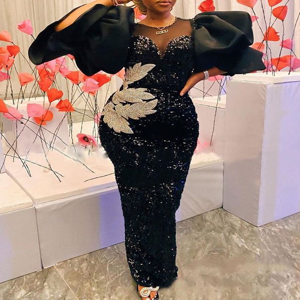 Women's Clothing New Black High Waist Large Size Wrapped Ruffled Sleeve Sequin Embroidered Dress_ecoleips.com
