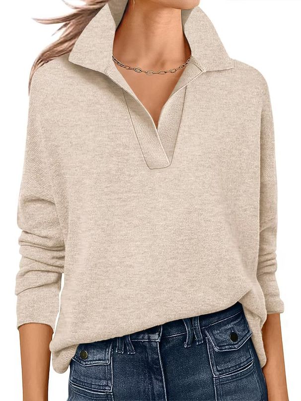 Women's Fashion: Solid Color V-Neck Long-Sleeve Loose-Fitting T-Shirt_ecoleips.com