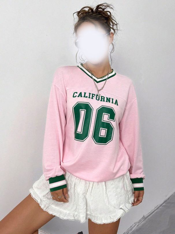 Women's Long Sleeve V-Neck T-Shirt Street Style Hip Hop Harajuku Digital Print Loose Casual Versatile Pullover Top_ecoleips.com