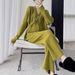 Women's Clothing Elegant Cross-Knit Sweater & Pants Set – Stylish Autumn Winter Outfit In V-Neck & Loose Fit, Soft Viscose Blend Fabric, Green Casual_ecoleips.com