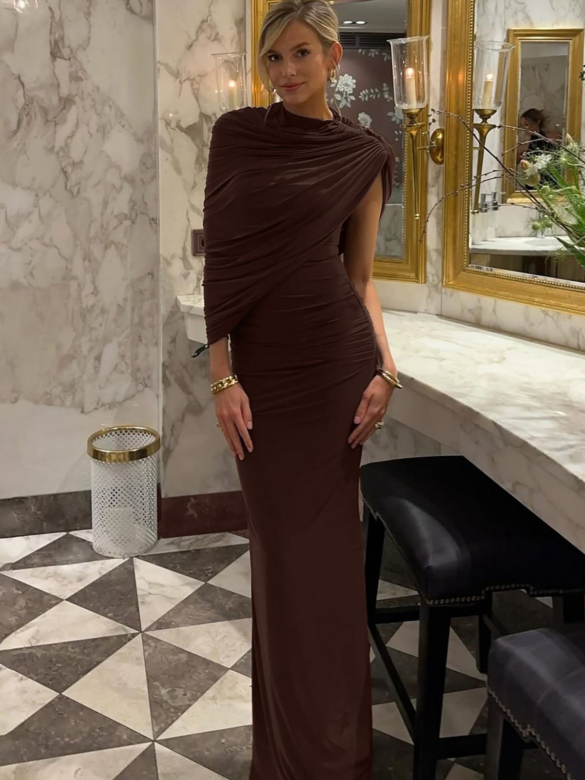 Hugcitar Elegant Solid Short Sleeve Irreguar Ruched Sexy Bodycon Maxi Prom Dress Summer Women Evening Party Clothes Birthday_ecoleips.com
