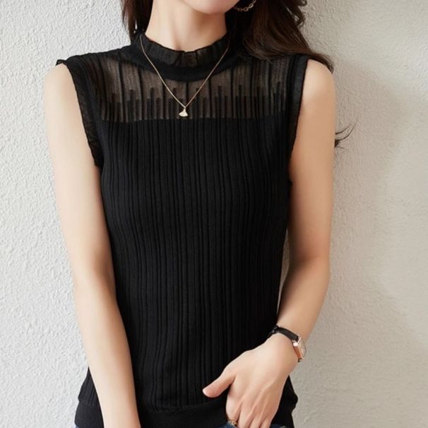 White Lace Wool Sweater Knitted Base Shirt French Style Sleeveless Camisole Women Half High Collar Inner Layer Suit_ecoleips.com