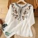 Embroidered V-Neck Cotton And Linen Summer Artistic Casual Blouse, Loose Mid-Sleeve Slimming Short-Sleeved Top For Women_ecoleips.com