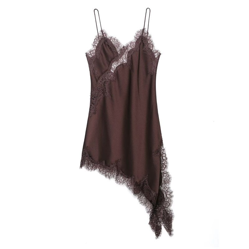 ZR Women's Fashion Cross-Border 2025 Silk Texture Sexy Lace Asymmetrical Strap Dress 5919200_ecoleips.com