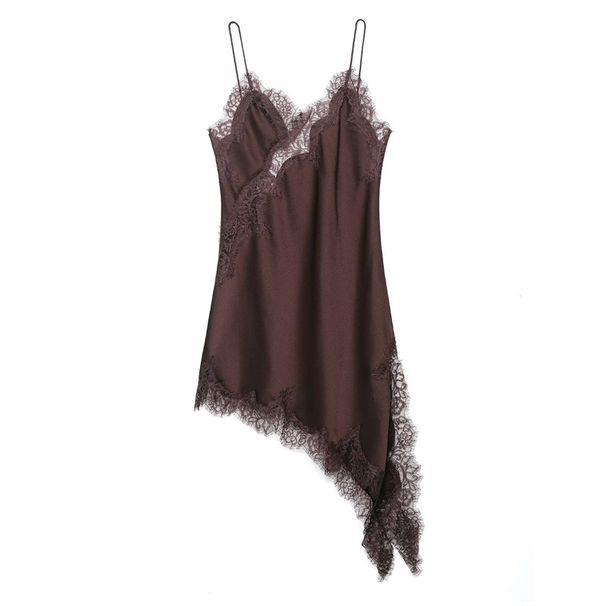 ZR Women's Fashion Cross-Border 2025 Silk Texture Sexy Lace Asymmetrical Strap Dress 5919200_ecoleips.com