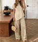 Women's European American Style Two Piece Set Short Sleeved Stand Collar Shirt & Solid Color Wide Leg Trousers Loose Waist Summer Outfit_ecoleips.com
