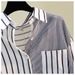 Women's Linen-Blend Striped Shirt – Oversized Boho Chic Top With Contrast Pocket (S-2xl, Wrinkle-Resistant Polyester) – Navy, Matcha, Tangerine_ecoleips.com