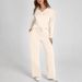 Independent Station Loose V-Neck Sleeve Top With Drawstring Design Elastic Waist Flared Long Pants Two-Piece Set_ecoleips.com