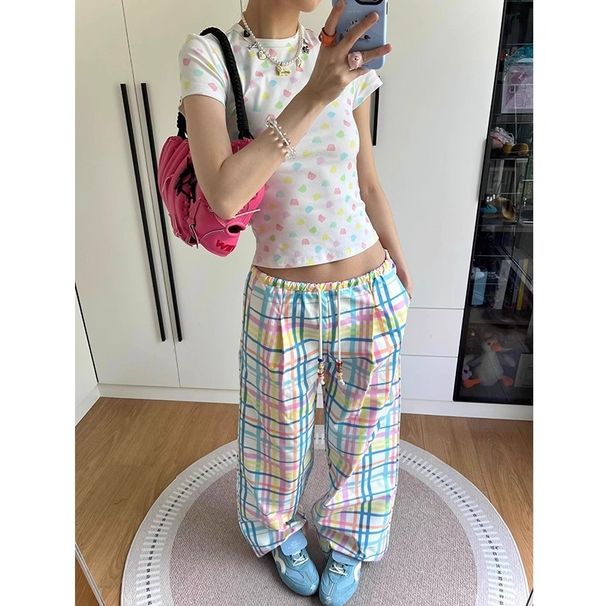 Summer New Simple Drawstring Wide-leg Pants, Loose And Drapey, Floor-length Trousers, Retro Colorful Plaid Casual Pants_ecoleips.com