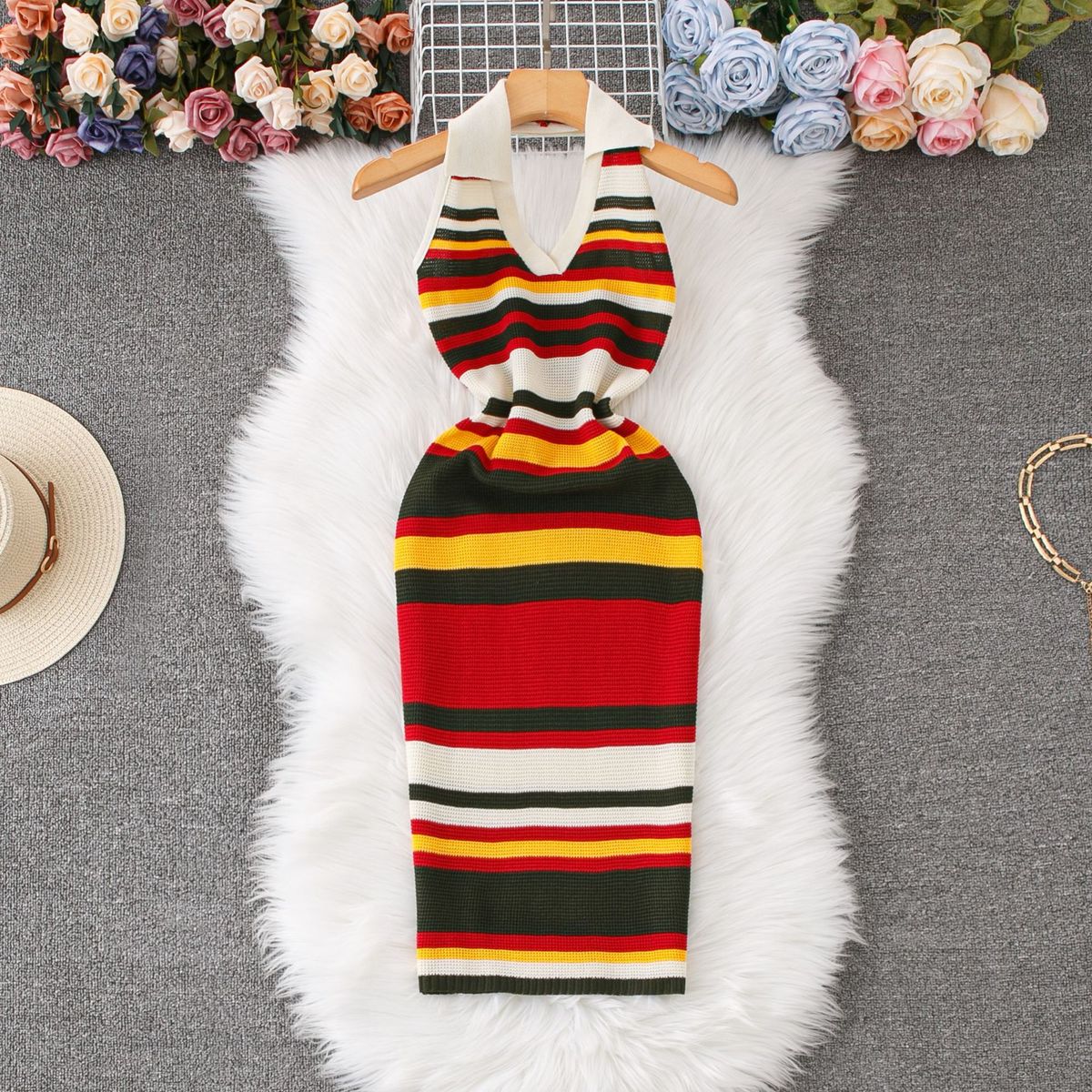 Summer New Style Polo Neck Halter Striped Backless Knitted Dress Slim Fit Women's Dress_ecoleips.com