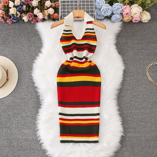 Summer New Style Polo Neck Halter Striped Backless Knitted Dress Slim Fit Women's Dress_ecoleips.com