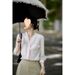 Striped Collar 7/8 Sleeve Shirt For Women, Unique Chic Design, Pure Desirable, High-end, Light Luxury, Feminine And_ecoleips.com