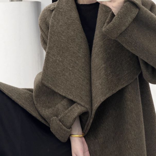Women’s Double-Faced Wool Coat – Oversized Korean-Style Trench Coat With Belted Waist (Velvet Latte/Charcoal Black/Light Grey/Cream, S/M)_ecoleips.com