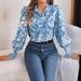 Elegant Color Block Floral Lantern Sleeve Collared Shirt Women's Spring Summer Top Real Shot_ecoleips.com