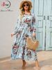 Women Elegant Floral Printed Long Dresses Spring Summer Casual O Neck Long Sleeve Ladies Chic High Waist A Line Beach Dresses_ecoleips.com