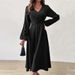 Voya Women's French Style V-neck Dress With Elegant Temperament In Autumn And Winter, A-line High Waist Mid Length Skirt_ecoleips.com