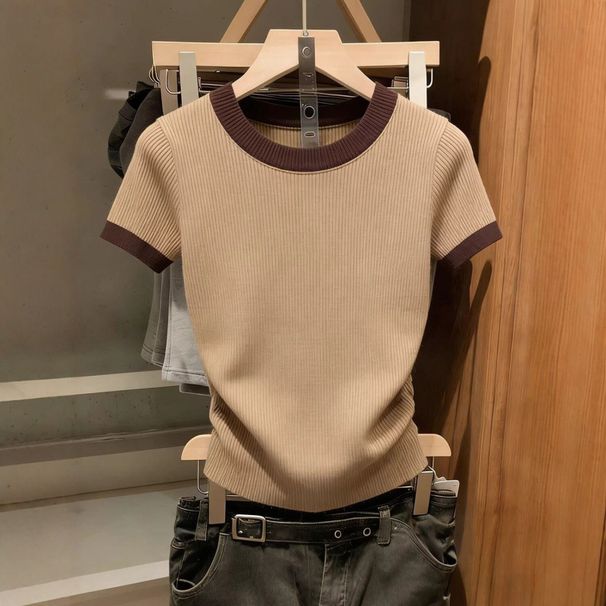 Women's Textured Color Blocked Round Neck Short Sleeve Knit T-Shirt Slim Fit Flattering Style New Summer_ecoleips.com