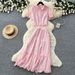 Pink Openwork Lace Two Piece Set for Women Short Sleeved Sophisticated High Waisted Slimming Summer Resort Style Commuting Suit_ecoleips.com